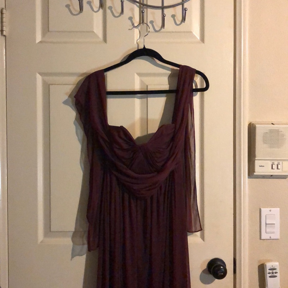 David Bridals burgundy infinity tulle dress.